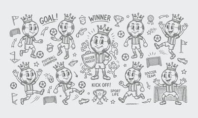 Vector rubber hose doodle set of vintage soccer ball character mascots and football equipment © Avartde