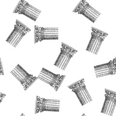 Naklejka premium seamless pattern Ancient corinthian column capital and fluted shaft, illustrating classical architectural elements with decorative acanthus leaves and volutes in a hand drawn line art style