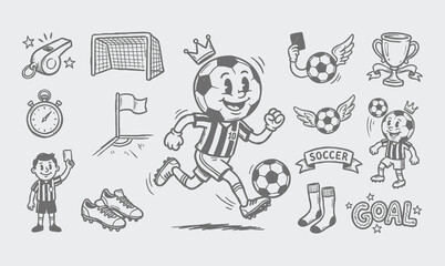 Vector rubber hose doodle set of vintage soccer ball character mascots and football equipment © Avartde