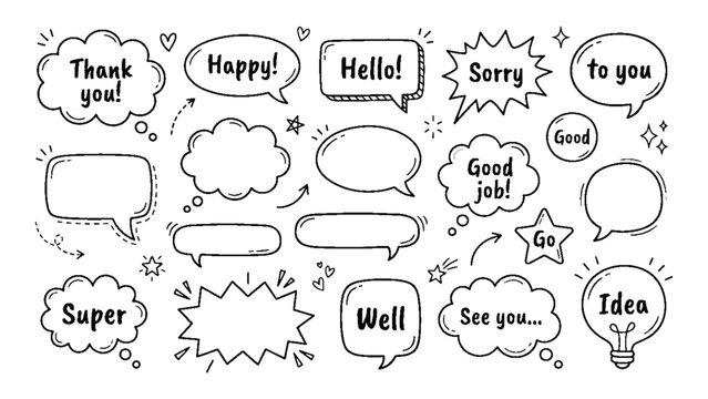 Set of hand-drawn doodle speech bubbles, thought clouds, and communication elements with various shapes and phrases like "Hello", "Thank you", "Idea". Perfect for messages and dialogue.