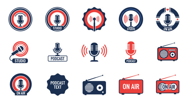 Comprehensive collection of podcast and radio station logos featuring microphones, antennas, and on-air signs.