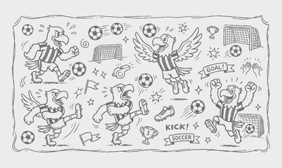 Vector rubber hose doodle set of vintage soccer ball character mascots and football equipment © Avartde
