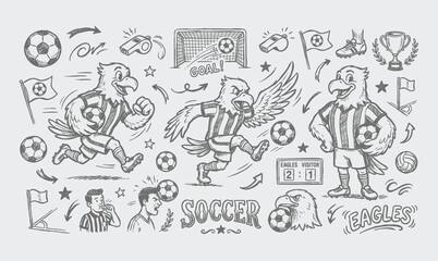 Vector rubber hose doodle set of vintage soccer ball character mascots and football equipment © Avartde