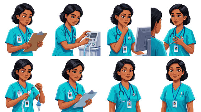 A collection of illustrations depicting a female healthcare professional in various medical settings and performing different tasks.