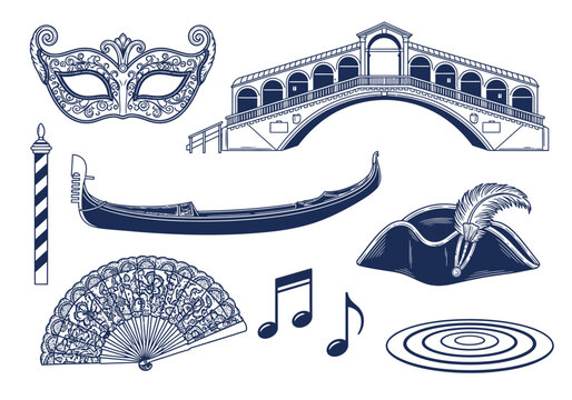 Vintage Venice Italy Vector Icons Set - Venetian Carnival Mask, Gondola, Rialto Bridge, and Traditional Symbols Hand-Drawn Engraving Style Illustrations