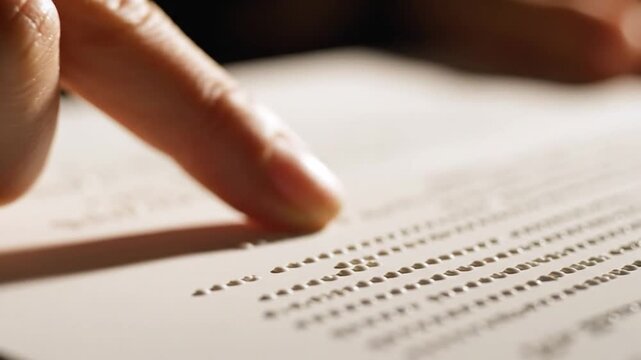 Close up of a person finger reading braille text on a white page in soft light