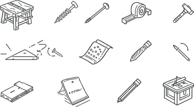 Woodworking and carpentry tools sketch icon vector illustration set featuring wooden workbench screw nail tape measure mallet triangle ruler and sandpaper elements.