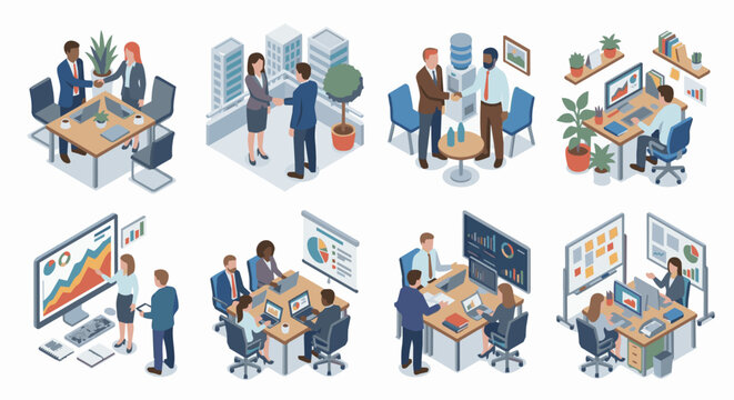 Isometric illustrations set of business people in office, agreements, meetings, presentations and remote working.