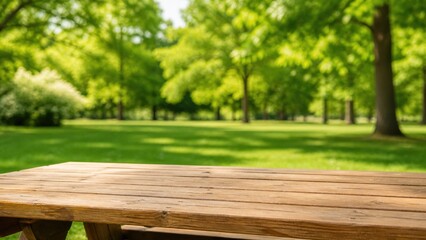 Obraz na płótnie Canvas Wooden table in a green park under the sun with trees in the background