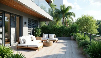 Obraz premium Modern terrace with grey shutters and comfortable seating. Rich green garden and palm trees create tropical vibe. Outdoor lounge area perfect for relaxation and entertaining guests.