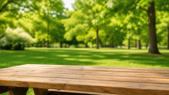 Wooden table in a green park under the sun with trees in the background