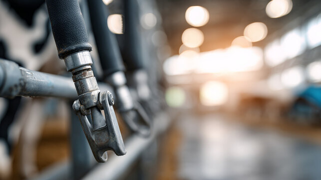 Milking machine teat cups hanging in dairy milking parlor