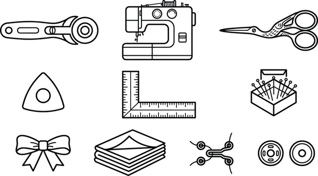 Sewing and dressmaking equipment line icon vector illustration set featuring black contour rotary cutter electric machine crane scissors ruler chalk and buttons.