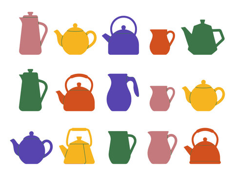 Colorful Flat Design Collection of Teapots, Coffee Pots, and Jugs Vector Illustration Set