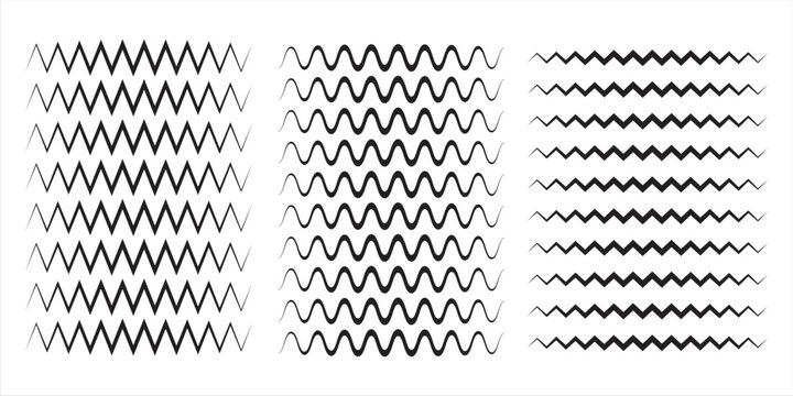 Wave line and wavy zigzag pattern lines. Vector black underlines, smooth end squiggly horizontal curvy squiggles isolated on white background. Vector illustration.eps,10