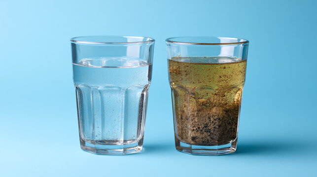 Two glasses showing clean and contaminated water on blue background