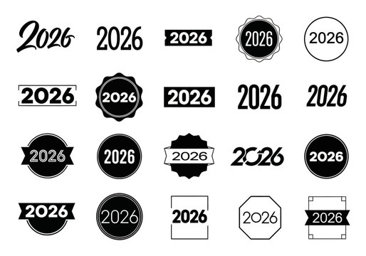 Set of 2026 Year Logos and Typography Design. Minimalist Black and White Vector Badges, Labels, and Symbols for New Year 2026 Branding, Calendars, and Promotional Content.
