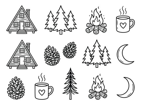 Camping and Cabin Life Line Art Icon Set - A-Frame House, Pine Trees, Bonfire, Mug, and Nature Elements