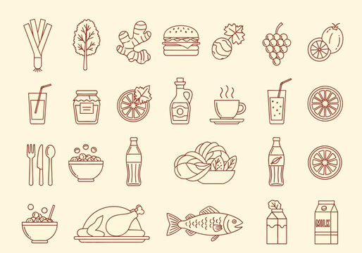 Minimalist Food and Drink Line Art Icons Set - Healthy Grocery, Fruits, Vegetables, and Beverage Vector Illustrations