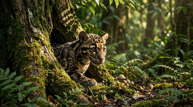 Clouded leopard cub emerging from a hollow tree in a lush forest