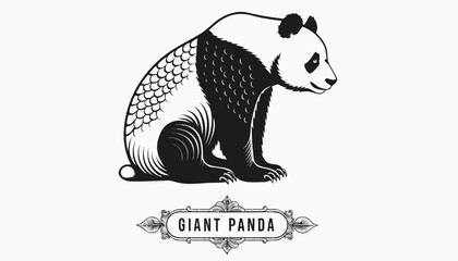 Very beautiful black-and-white engraved vector illustration featuring a giant panda with detailed fur textures and a decorative engraved label reading "GIANT PANDA", isolated on white background. © williamnoah