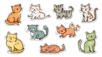Fototapeta premium 100.Cartoon cat illustration set featuring playful kittens and adult cats in multiple poses, flat vector style, clean outlines, sticker and label design concept