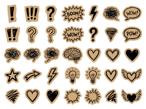 Hand Drawn Doodle Stickers Set on Kraft Brown Paper - Creative Comic Bubbles, Hearts, Brain, and Thinking Symbols Collection
