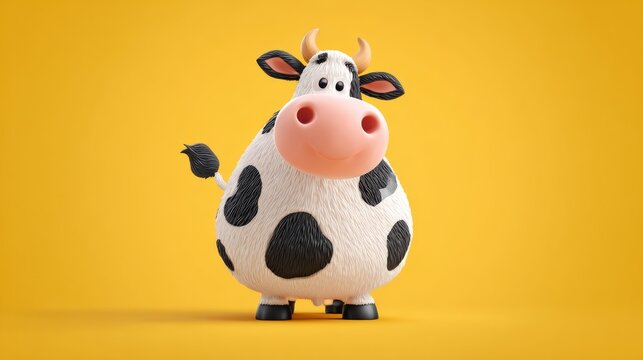 21.Sweet cartoon cow in 3d vector style, soft shadows, rounded body proportions, friendly and approachable farm animal character