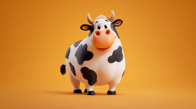 21.Sweet cartoon cow in 3d vector style, soft shadows, rounded body proportions, friendly and approachable farm animal character