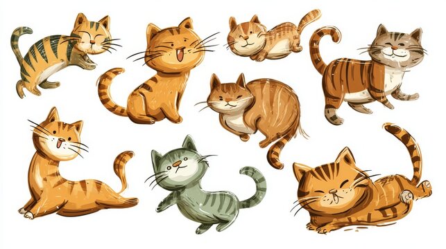 100.Cartoon cat illustration set featuring playful kittens and adult cats in multiple poses, flat vector style, clean outlines, sticker and label design concept