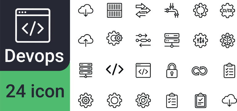 A collection of line icons representing DevOps concepts and tools.