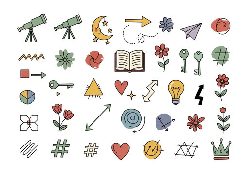 Collection of Hand-Drawn Minimalist Doodle Icons and Symbols in Muted Vintage Tones