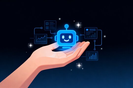 Hand Holding Smiling AI Bot with Data Icons