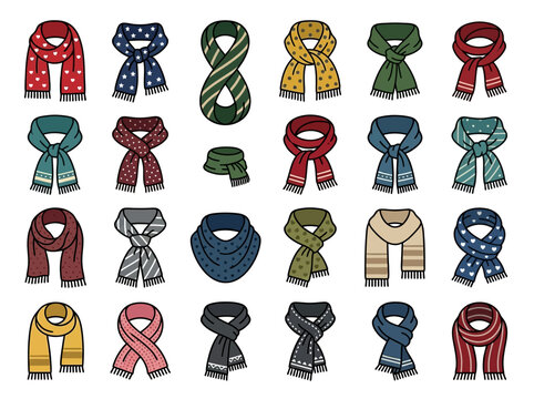 Big Set of Colorful Winter and Autumn Scarf Illustrations with Different Patterns and Designs Isolated on White Background