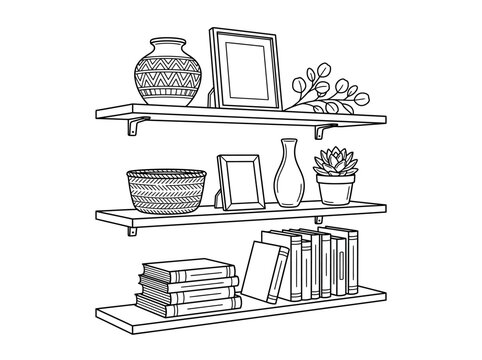 Minimalist Wall Shelves Line Art Illustration with Home Decor, Books, and Plants - Coloring Page Design