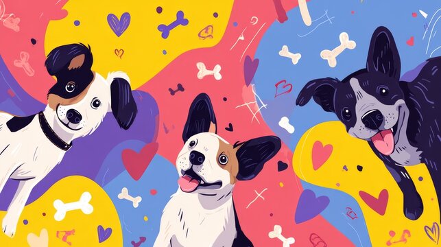 13.Modern flat vector background celebrating World Dog Day with happy dogs, bones and hearts, bright cheerful colors, suitable for sale event party flyer and social media banner