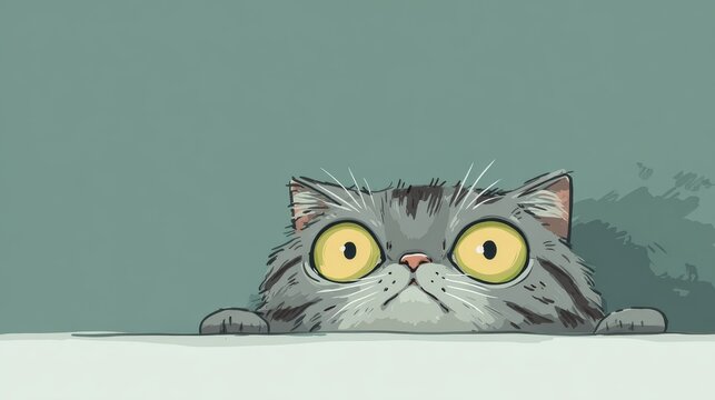 71.Cartoon gray tabby cat with grumpy face peeking over surface, flat design, clean outlines, friendly illustration style