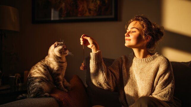 7.Candid home interior shot of woman engaging her Scottish fold cat with a dangling toy, soft sunlight, relaxed living room, playful interaction theme