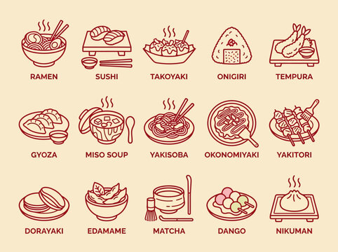 Collection of 15 Japanese Food Icons in Minimalist Red Line Art Style including Ramen, Sushi, Matcha, and Yakitori