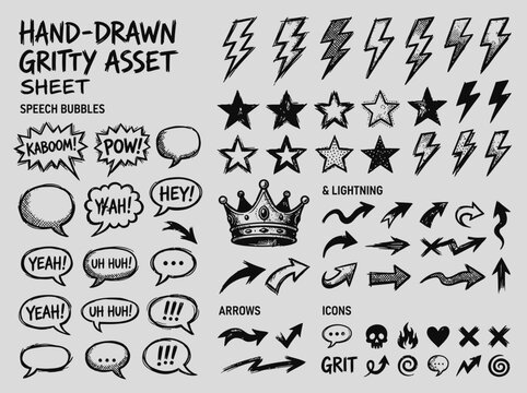 Hand-Drawn Gritty Graphic Asset Sheet with Comic Speech Bubbles, Lightning Bolts, Stars, Arrows, and Punk Icons