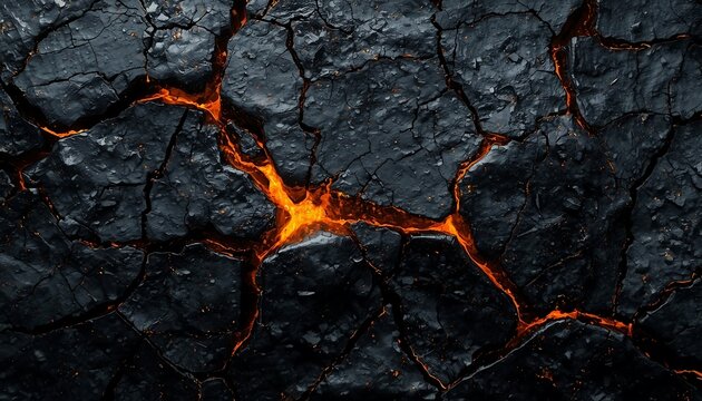 Cracked dark ground texture with glowing molten lava flowing through fissures, volcanic earth surface background, abstract geological pattern