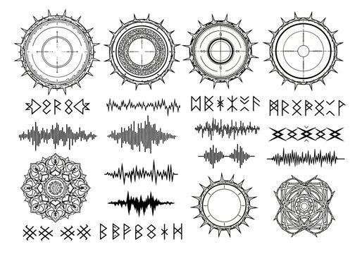 Mystical and Sci-Fi Graphic Elements: Magic Circles, Norse Runes, Audio Waveforms, and Mandalas for Creative Design