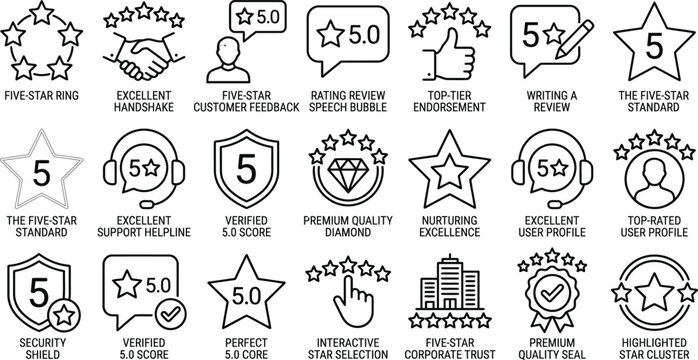 Five stars customer rating review icon set. Contains feedback, satisfaction, experience, quality, comment, response, testimonials for service, support, survey, hotel, security, skill. Vector