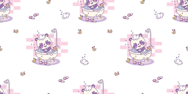 Seamless Pattern Cute Panda In Bubble Bath with Rubber Duck. Kawaii Animal Character Bear On White Background. Horizontal Vector illustration. Spa Day Routine. Kids collection.