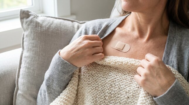 Upper Chest Biosensor Patch Close Up In Restorative Home Recovery