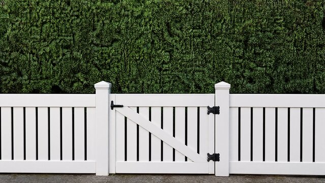 White garden gate in front of a tall, dense privet hedge.