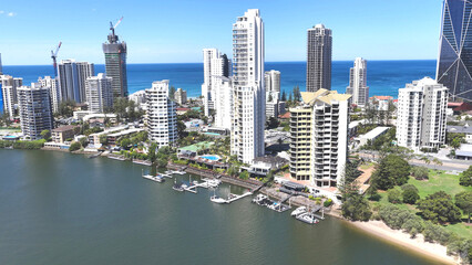 Naklejka premium Aerial View of Broadbeach Waters Skyline and Nerang River Waterfront