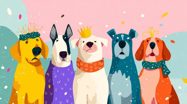 81.Flat vector banner design celebrating World Dog Day, cute dog characters, festive mood, simple shapes, space for sale or event text