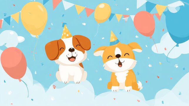 81.Flat vector banner design celebrating World Dog Day, cute dog characters, festive mood, simple shapes, space for sale or event text