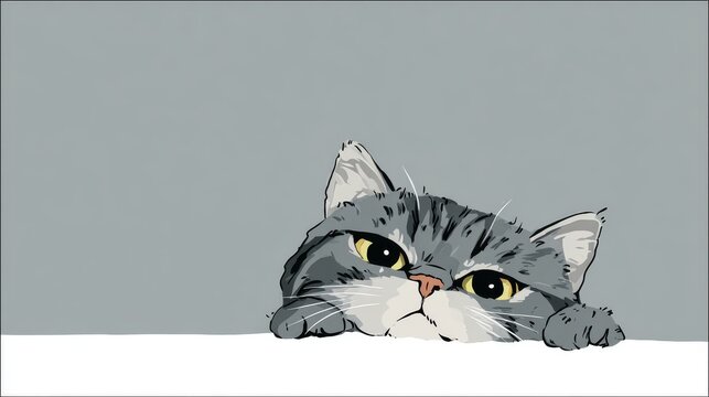 68.Flat vector illustration of grumpy gray tabby cat peeking over edge, expressive eyes and annoyed face, simple shapes, clean outlines, minimal background